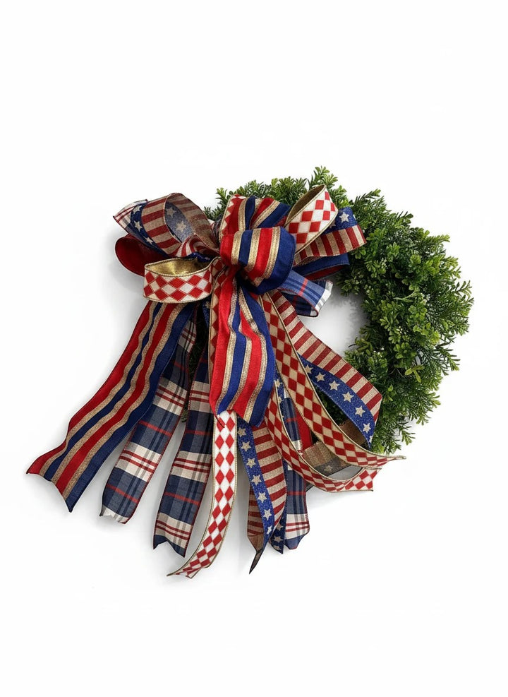 Chic Collective patriotic bow for wreath with red, white, and blue ribbons featuring stars and plaid patterns.