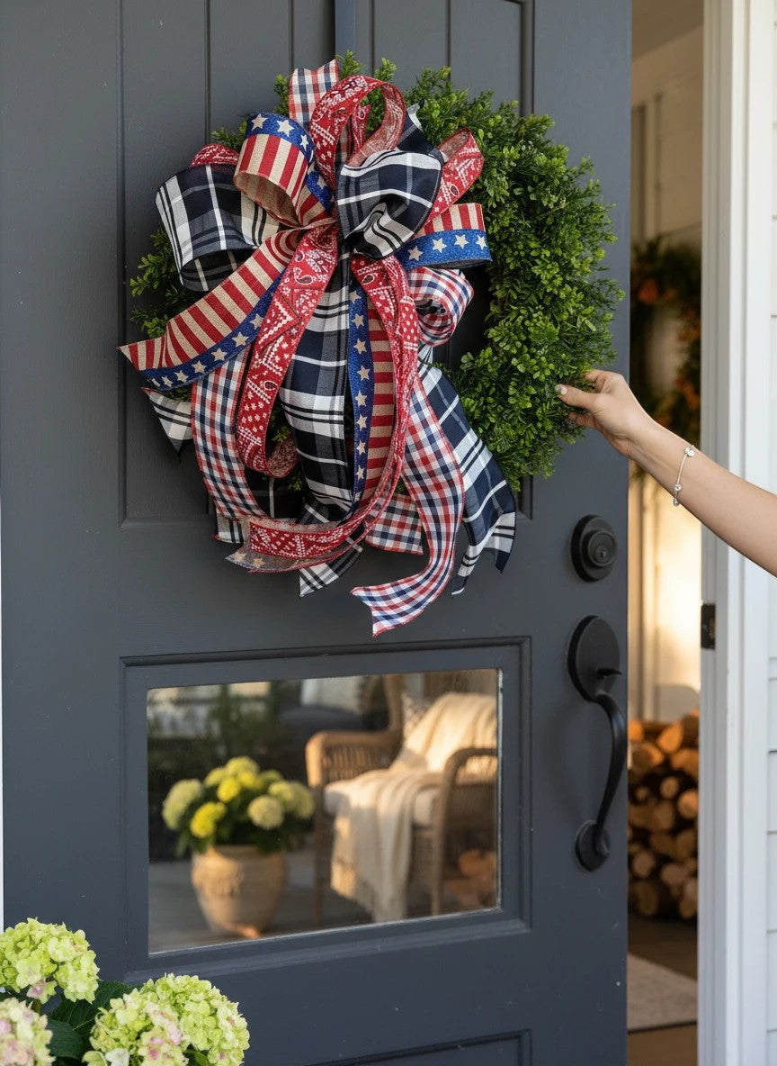 Chic Collective patriotic bow with red, white, and blue plaid and stars ribbons on a boxwood wreath.
