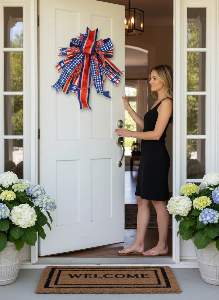 Chic Collective patriotic bow with red, white, and blue stars and stripes ribbons, perfect for wreaths.