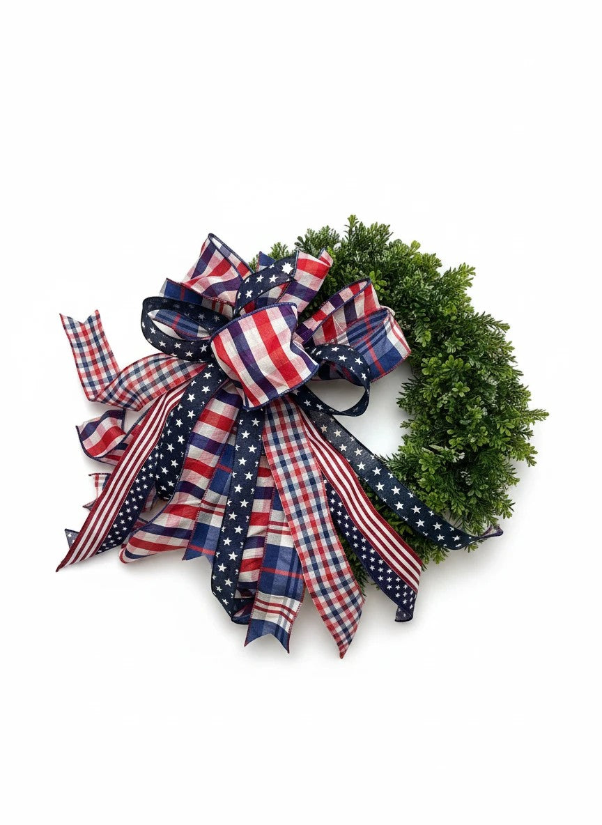 Chic Collective patriotic bow for wreath with red, white, and blue plaid and stars ribbon.