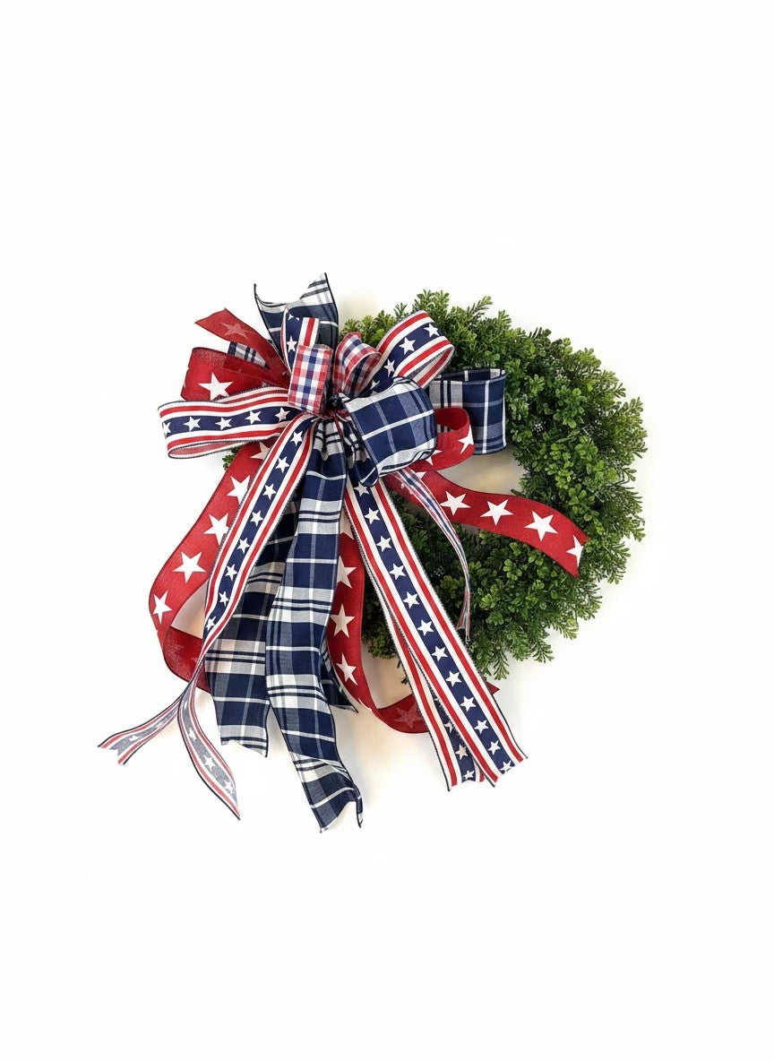 Chic Collective patriotic bow for wreath with red, white, and blue ribbons featuring stars and plaid patterns.