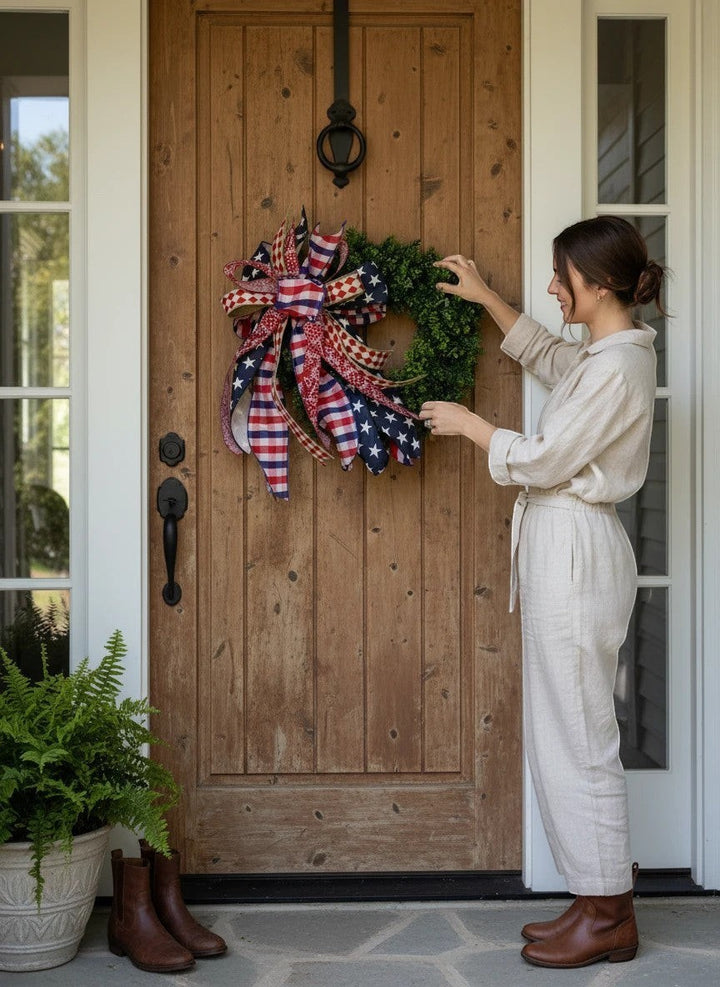 Chic Collective patriotic wreath with red, white, and blue star, stripe, and gingham bow on a green base.