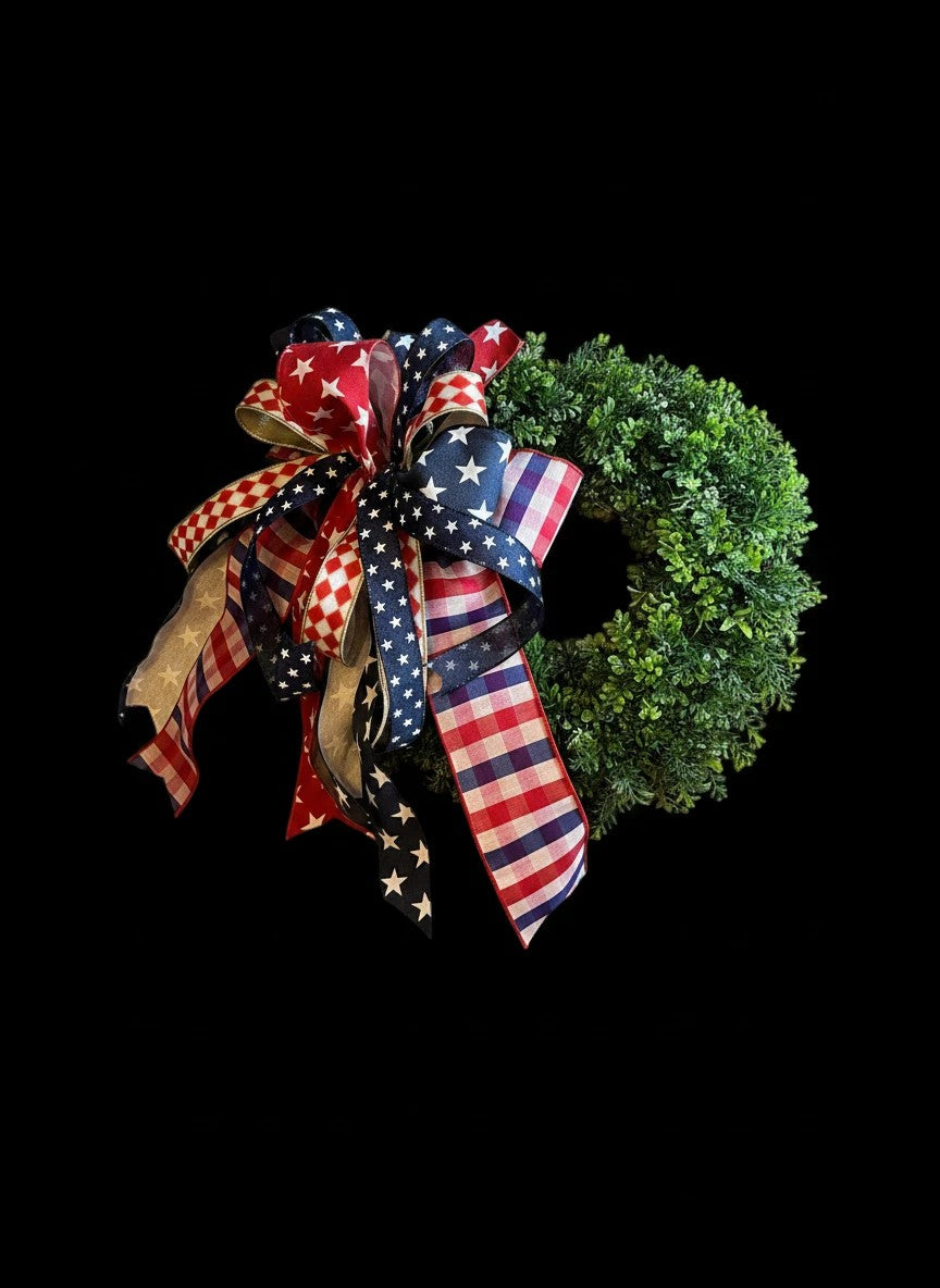 Chic Collective patriotic wreath with red, white, and blue star, stripe, and checkered ribbon bow on a lush green base.