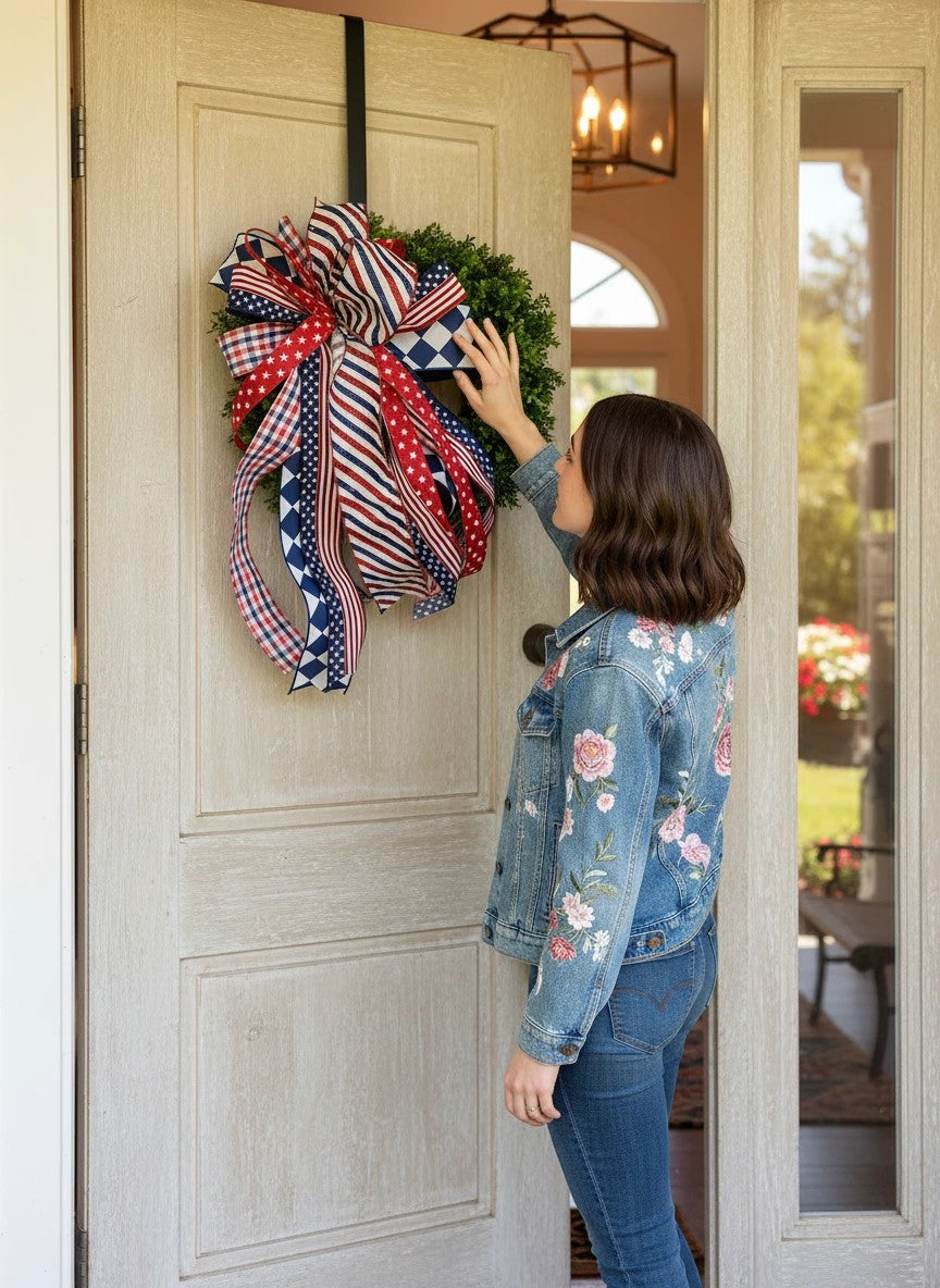 Chic Collective patriotic wreath with red, white, and blue ribbon bow featuring stars, stripes, and checkered patterns.