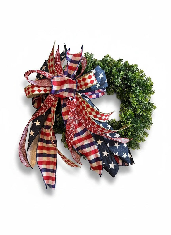Chic Collective patriotic wreath with red, white, and blue star, gingham, and bandana print ribbons.