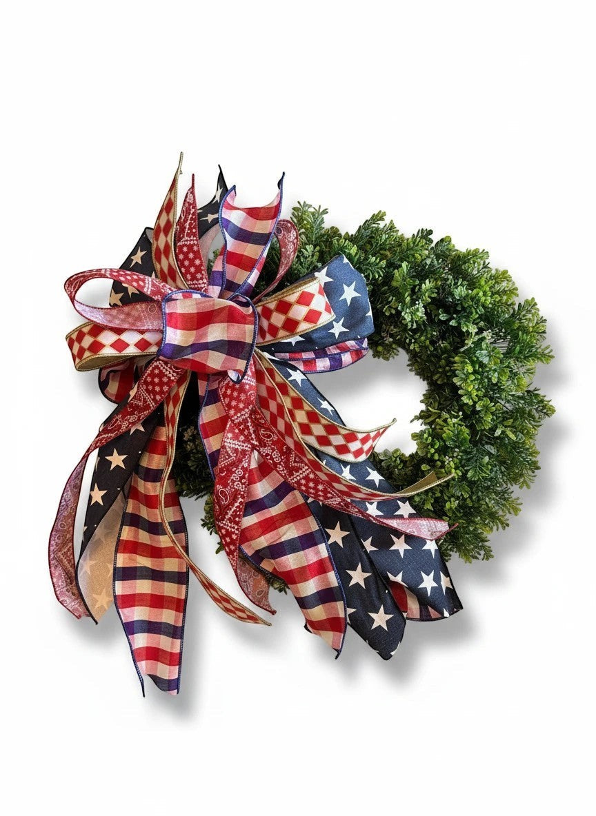 Chic Collective patriotic wreath with red, white, and blue star, stripe, gingham, and bandana ribbons.