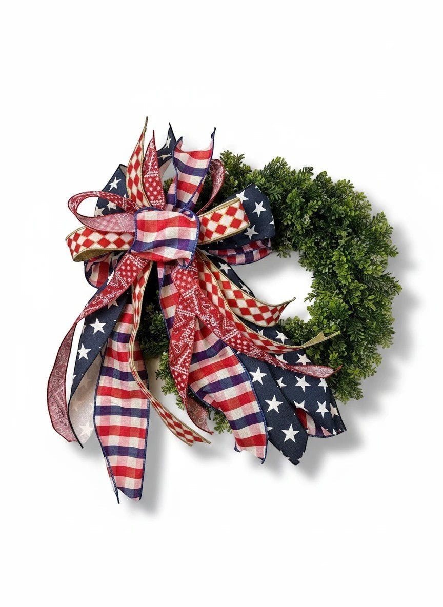 Chic Collective patriotic wreath with red, white, and blue star, gingham, and bandana print ribbons.