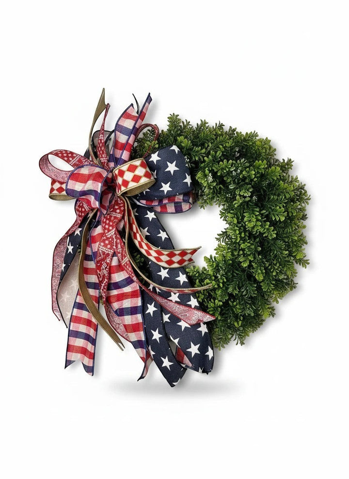 Chic Collective patriotic wreath with red, white, and blue star, stripe, and bandana ribbons.