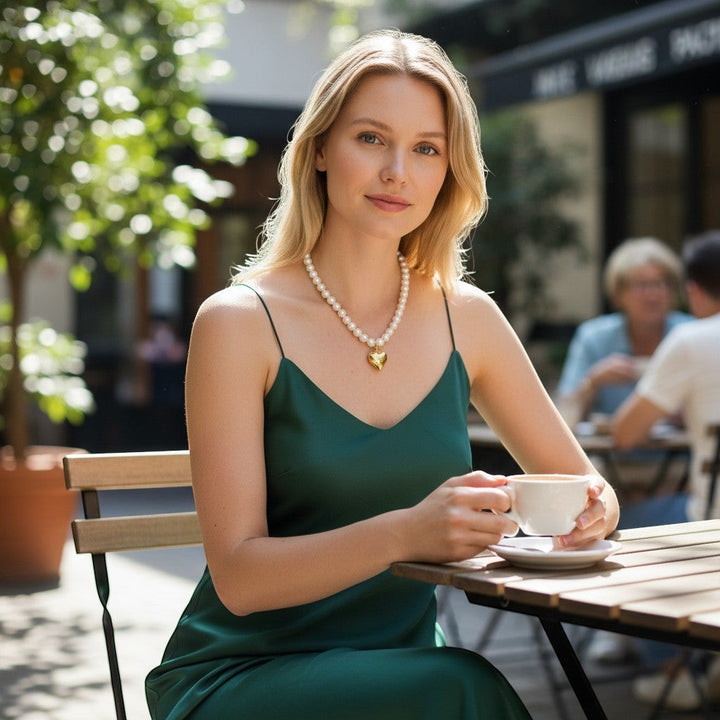 Chic Collective pearl necklace with gold heart charm worn by a woman in a green dress at an outdoor cafe.