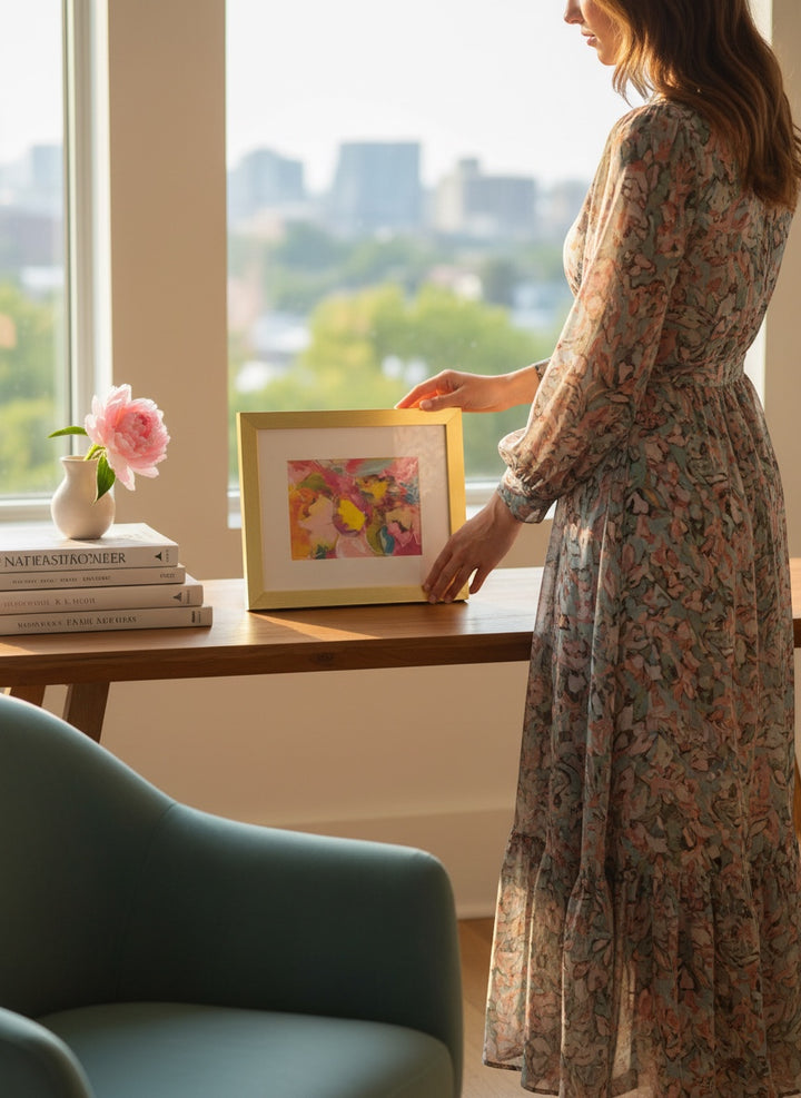 Chic Collective Petals in Motion abstract floral art in a gold frame, featuring blush pink, yellow, coral, turquoise, and peach.