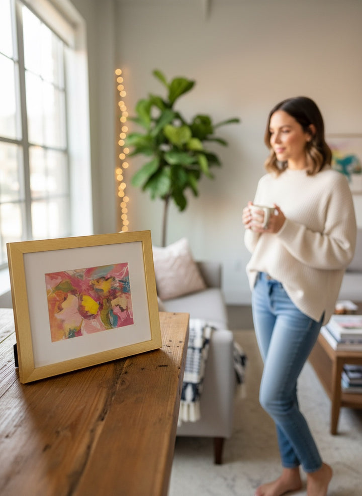 Chic Collective Petals in Motion abstract floral art with pink, yellow, coral, turquoise, and peach hues in a gold frame.