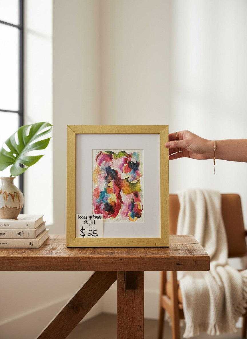 Chic Collective Petals in Motion watercolor painting with crimson, blush, coral, teal, olive, and plum hues, framed in brushed gold.