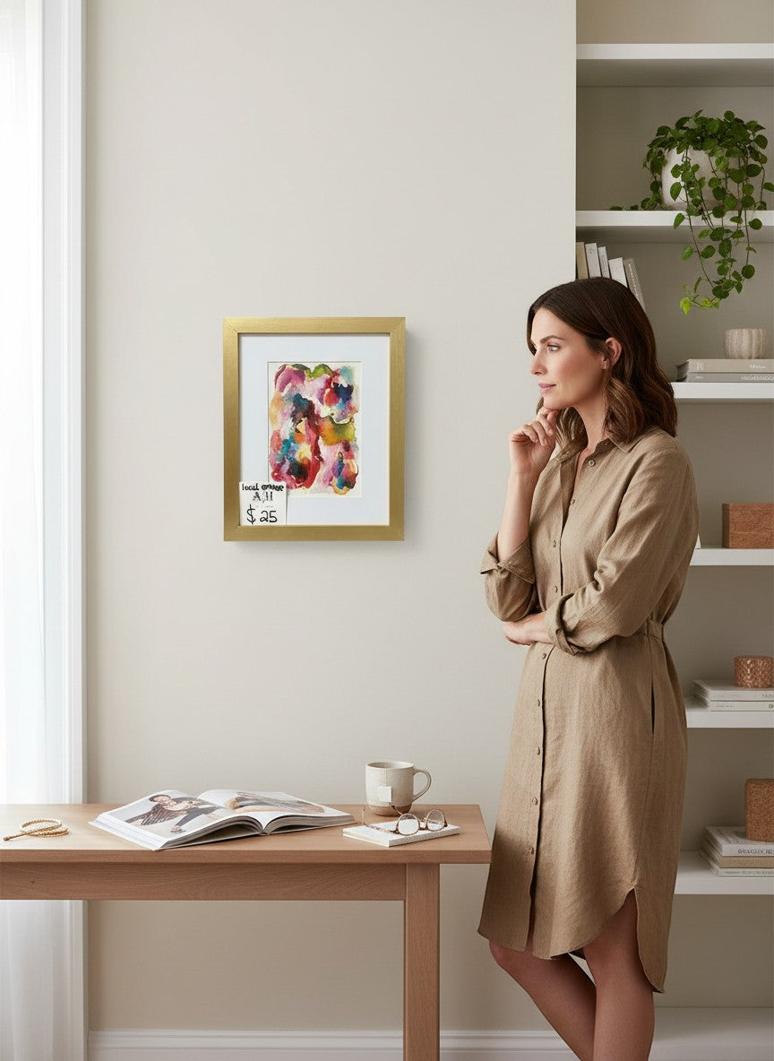 Chic Collective Petals in Motion watercolor painting with crimson, blush, coral, teal, olive, and plum hues, framed in gold.