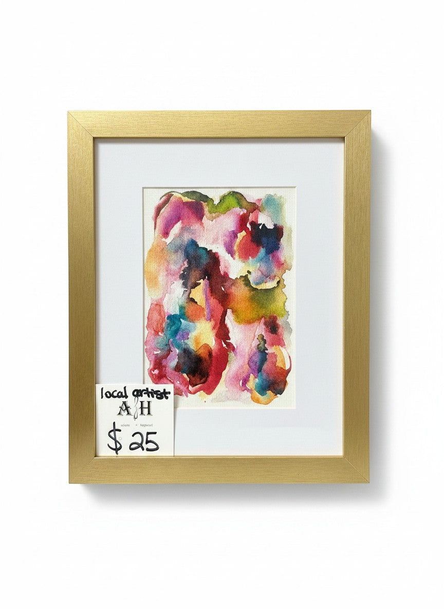 Chic Collective Petals in Motion watercolor painting with crimson, blush, coral, teal, olive, and plum hues. Framed in gold.