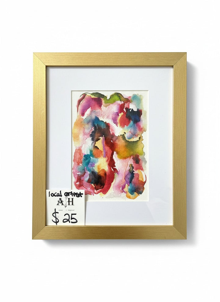 Chic Collective Petals in Motion watercolor painting with crimson, blush, coral, teal, olive, and plum hues, framed in brushed gold.