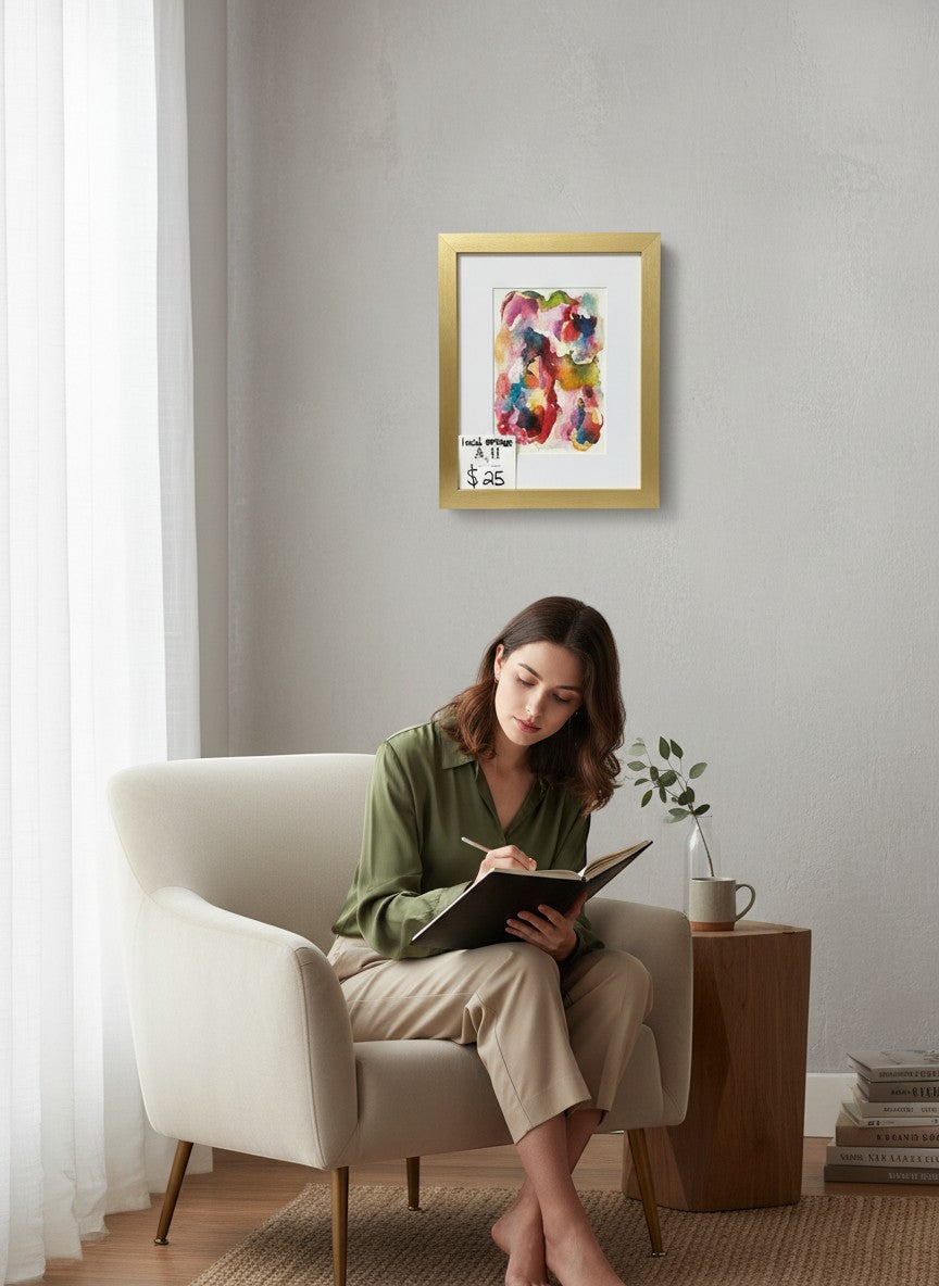 Chic Collective Petals in Motion watercolor art with crimson, blush, coral, teal, olive, plum hues, framed in gold.