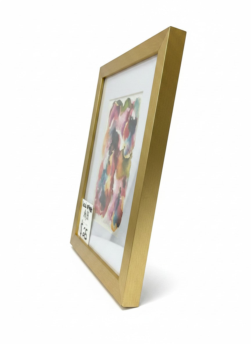 Chic Collective Petals in Motion watercolor art with crimson, blush, coral, teal, olive, and plum hues in a brushed gold frame.