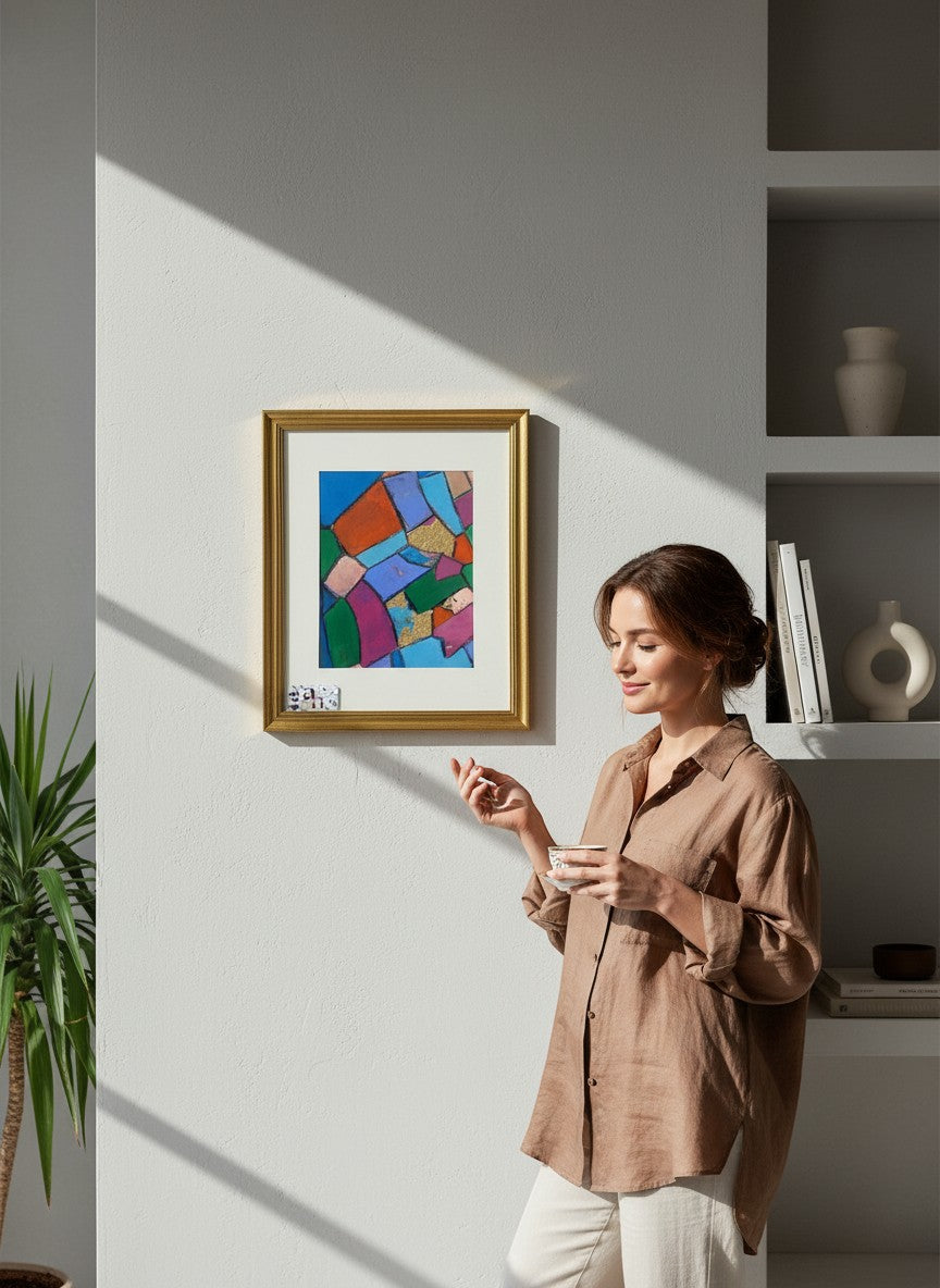 Chic Collective Pieces of Conversation abstract art with jewel tones, gold leaf, and charcoal outlines in a gold frame.