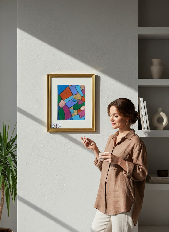 Chic Collective Pieces of Conversation abstract art with jewel tones, gold leaf, and charcoal outlines in a gold frame.