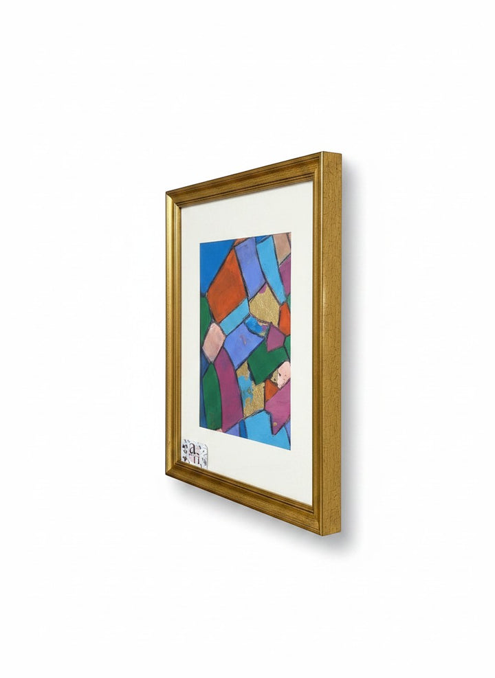 Chic Collective Pieces of Conversation abstract art with jewel tones, gold leaf, and charcoal outlines in a gold frame.