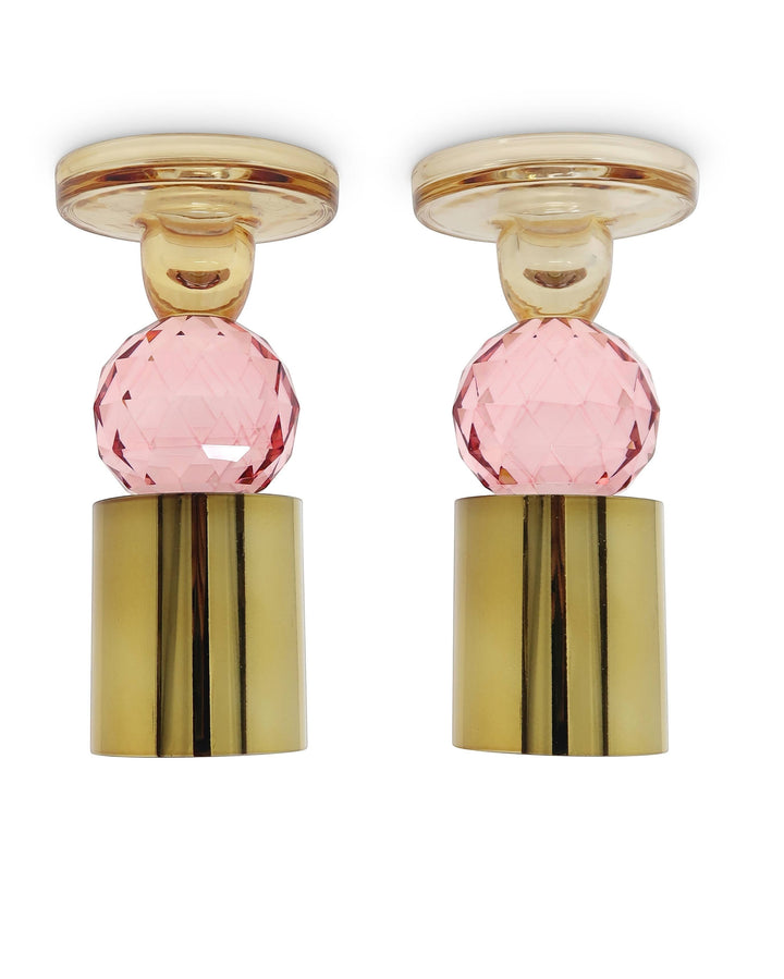 Chic Collective set of 2 pink and amber crystal candlesticks, 6.5"H, with faceted crystal spheres and gold bases.