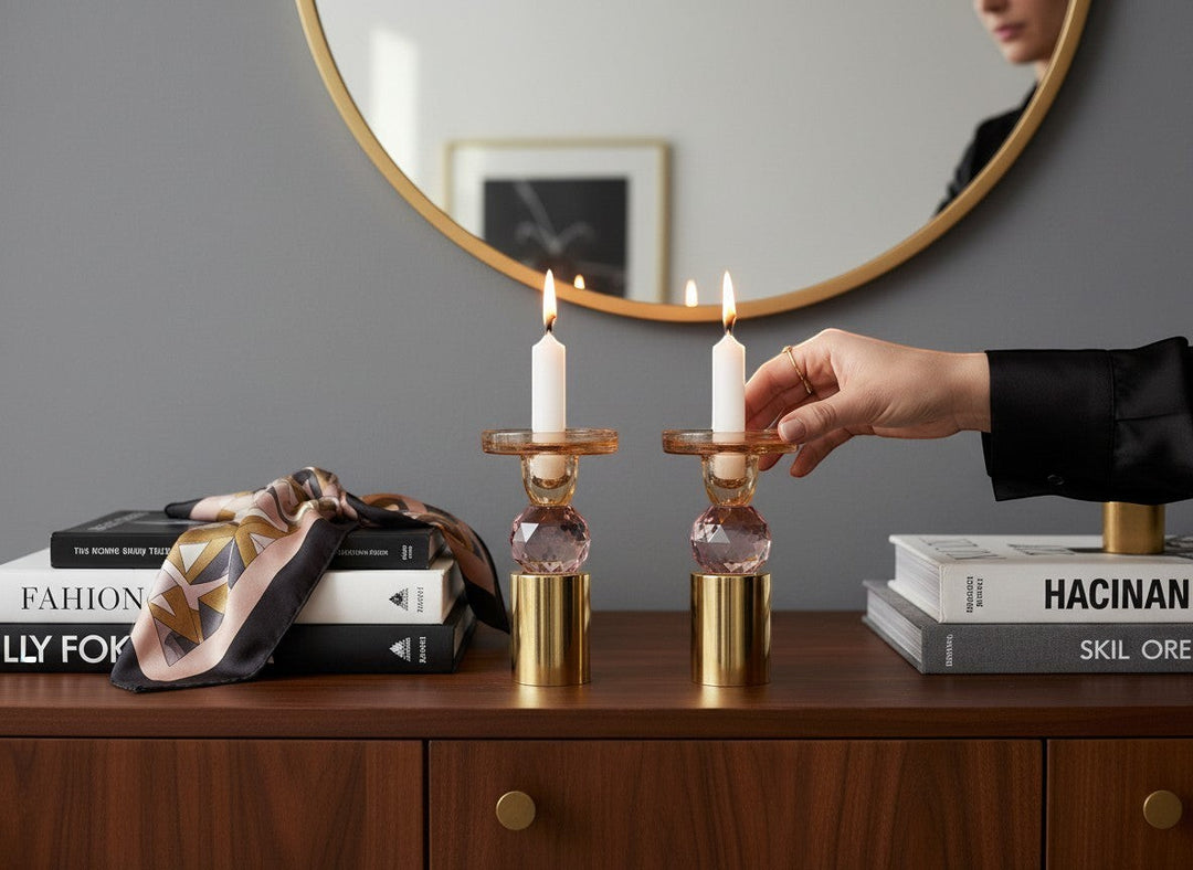 Chic Collective set of 2 pink and amber crystal candlesticks, 6.5"H, with gold bases. Elegant décor for any room.