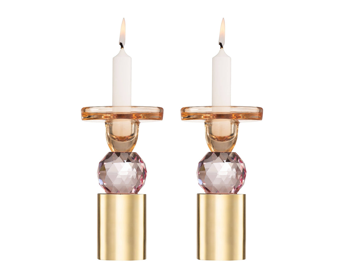 Chic Collective set of 2 pink and amber crystal candlesticks, 6.5"H, with gold base and faceted crystal detail.