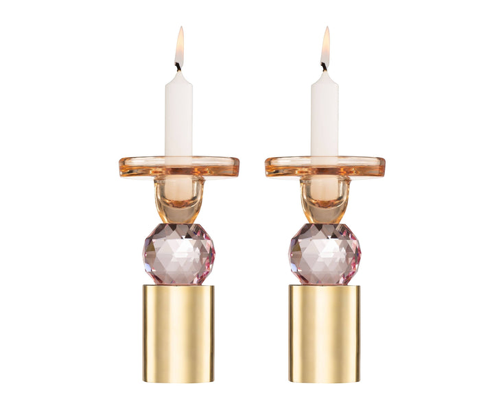 Chic Collective set of 2 pink and amber crystal candlesticks, 6.5"H, with gold base and faceted crystal detail.