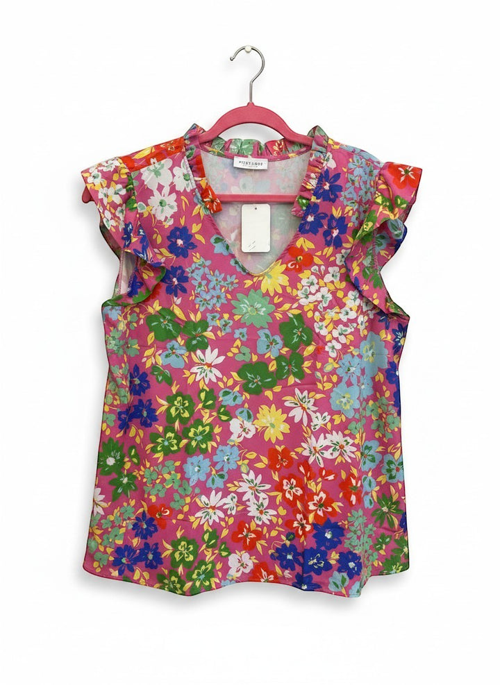 Chic Collective pink floral print blouse with ruffle sleeves and V-neck. Lightweight and feminine.