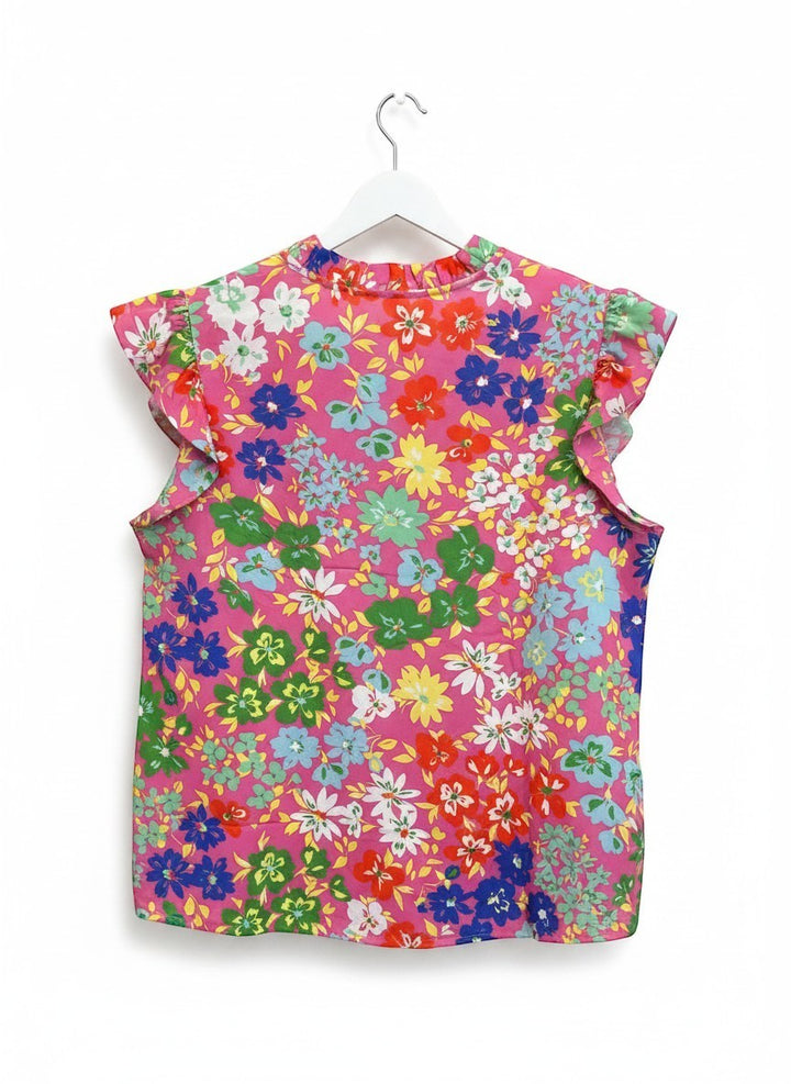 Chic Collective pink floral print blouse with ruffle sleeves and ruffled collar. Lightweight, V-neck, short sleeves.