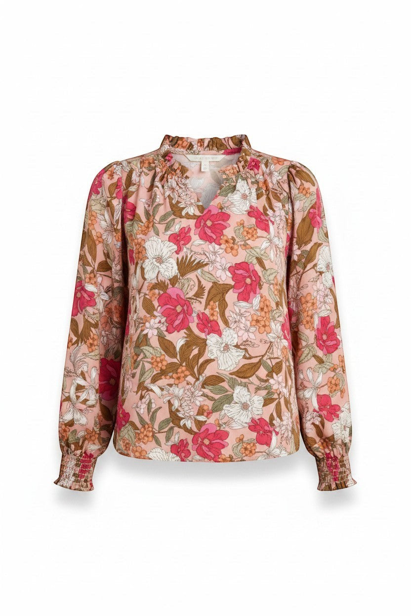 Chic Collective pink floral print long sleeve top with ruffled neckline and smocked cuffs.