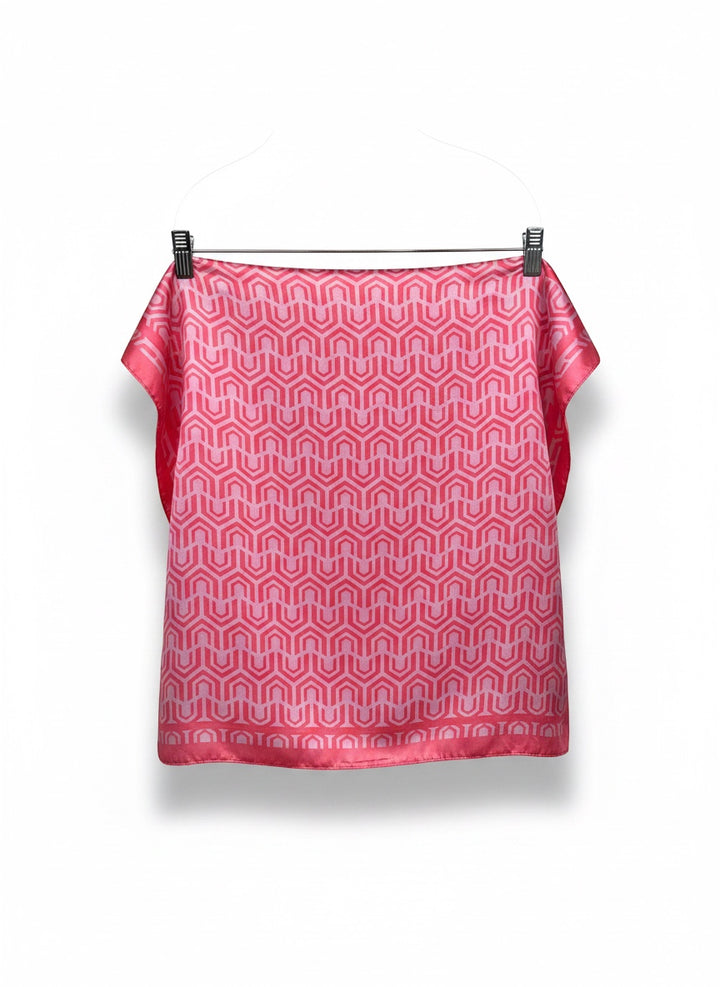 Chic Collective pink and coral geometric pattern satin scarf with a glossy finish.