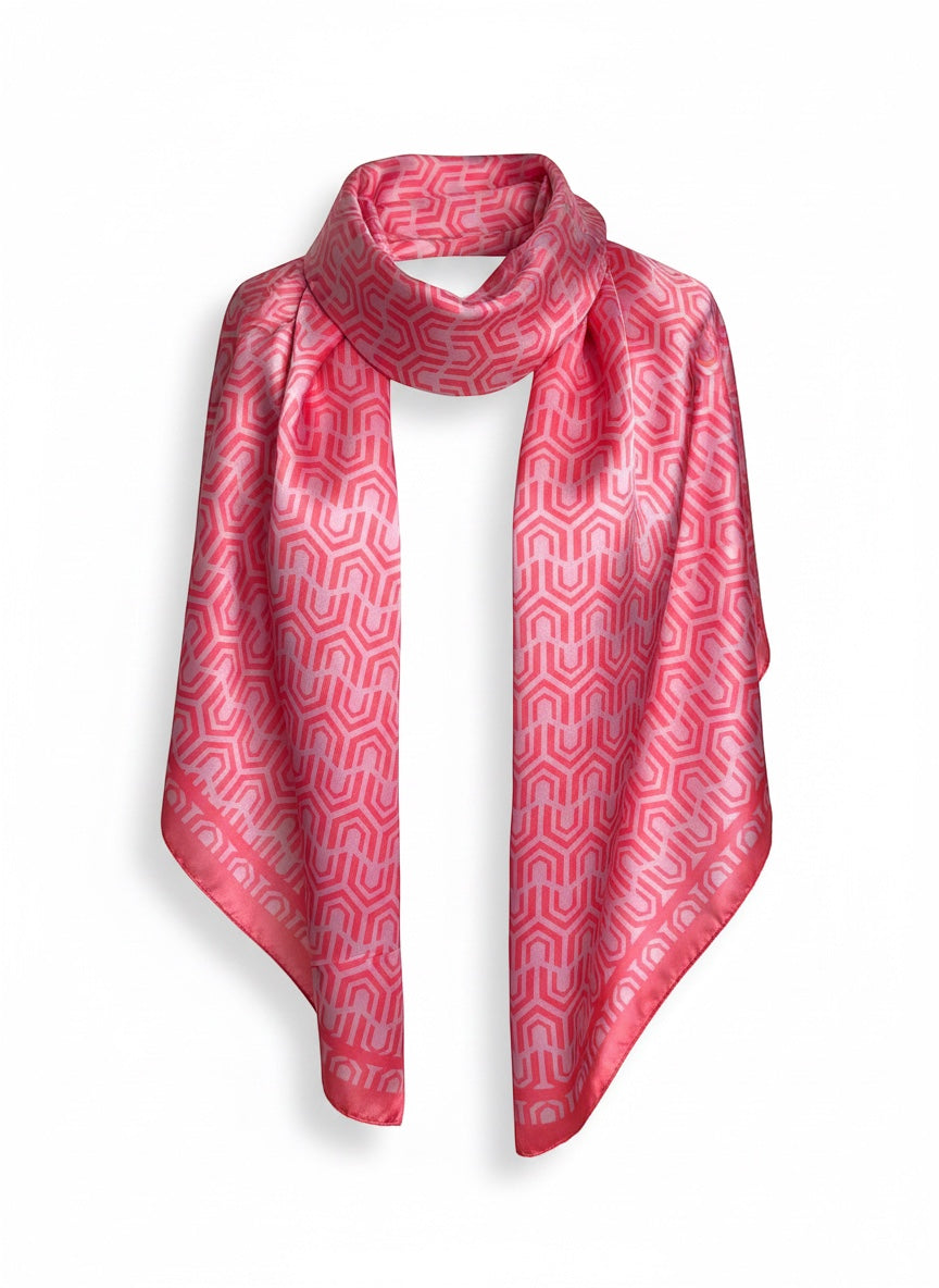 Chic Collective pink geometric pattern satin scarf with a glossy finish.