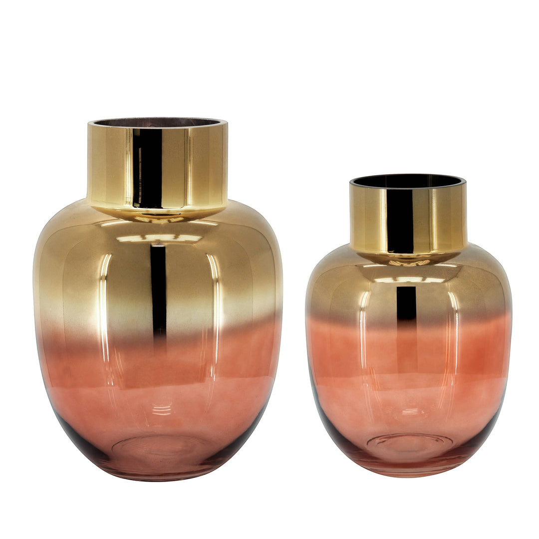 Chic Collective pink and gold glass vase with metallic finish. Round body with a wide neck. Ideal for centerpieces or decor.