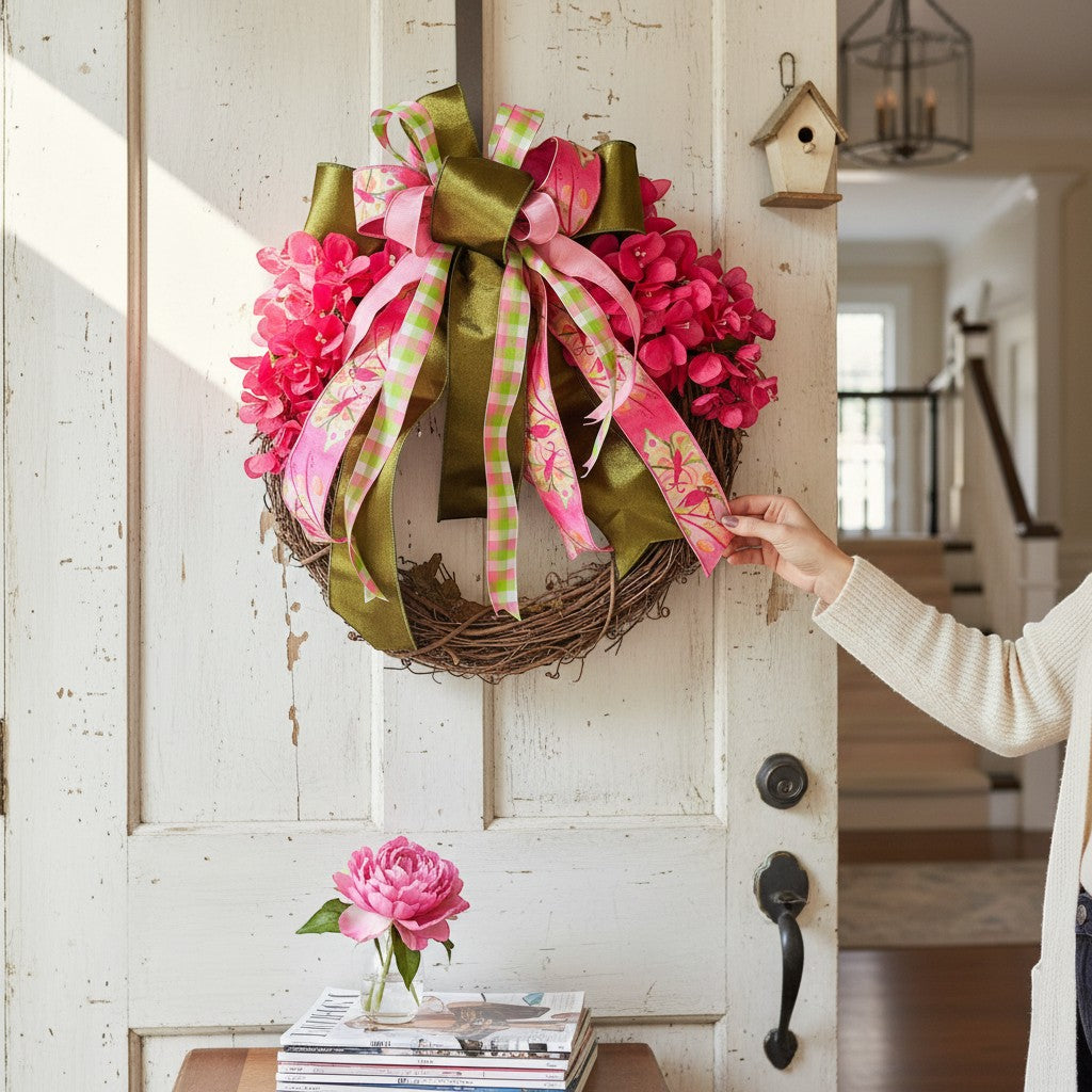 Chic Collective 24-inch grapevine wreath with pink hydrangeas, olive green ribbon, and pink plaid ribbon with butterfly accents.