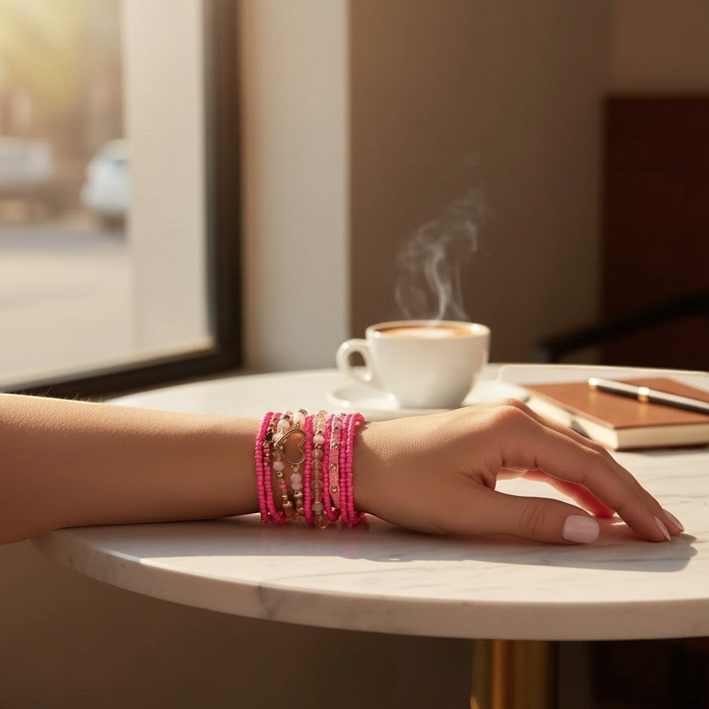 Chic Collective pink beaded bracelet stack with heart charm, worn on a woman&