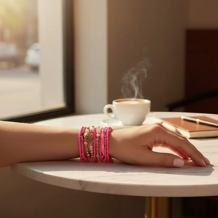 Chic Collective pink beaded bracelet stack with heart charm, worn on a woman&
