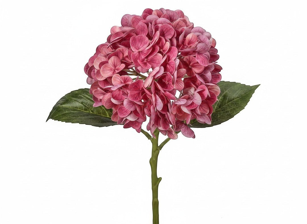 Chic Collective pink real touch hydrangea stem, 18.5" artificial flower with realistic petals and green leaves.