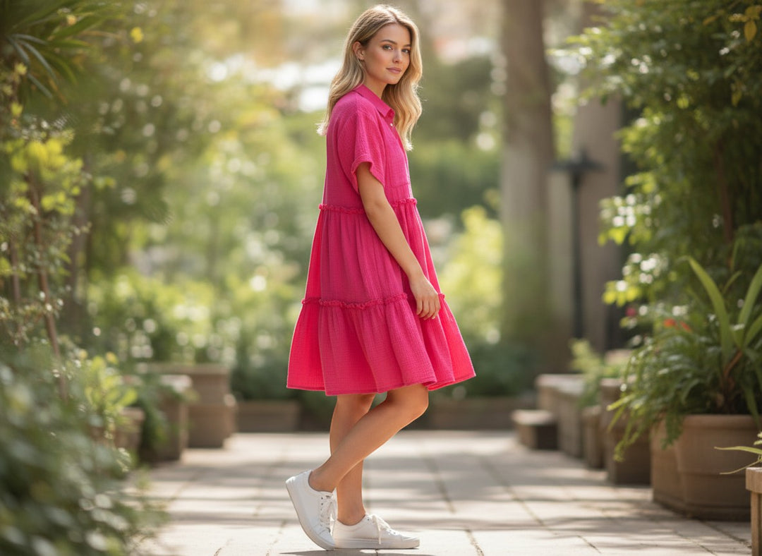 Chic Collective pink mineral wash tiered mini dress with short sleeves and a collared neckline, worn by a model outdoors.