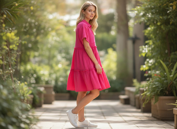 Chic Collective pink mineral wash tiered mini dress with short sleeves and a collared neckline, worn by a model outdoors.