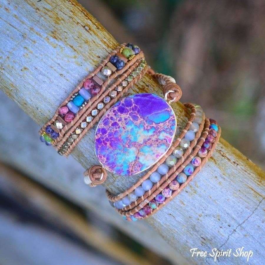 Chic Collective handmade purple and turquoise jasper wrap bracelet with genuine leather and mixed beads.