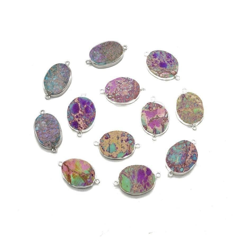 Chic Collective handmade oval jasper beads in purple, turquoise, and green with silver-tone connectors.
