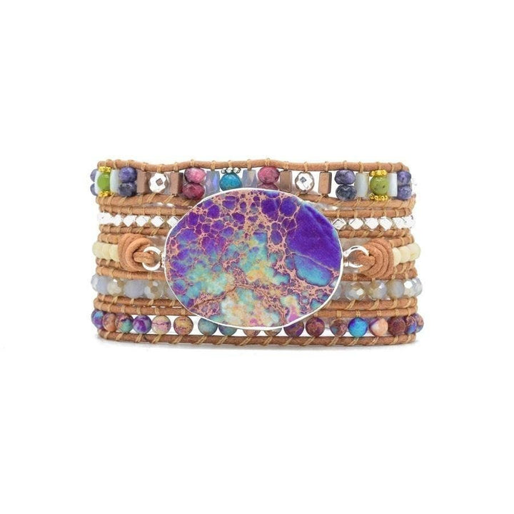 Chic Collective handmade wrap bracelet with purple and turquoise jasper stone, natural beads, and genuine leather.