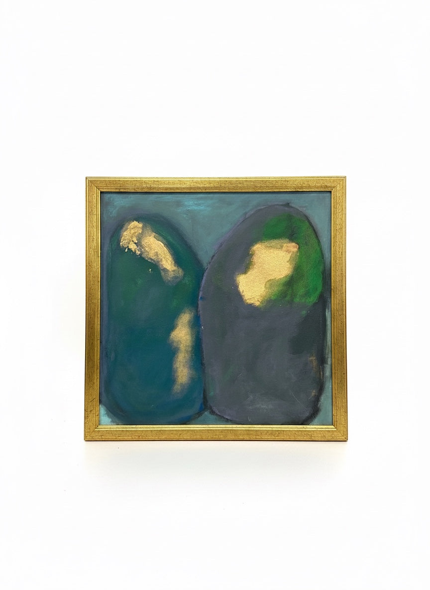 Chic Collective Quiet Communion abstract painting with two figures in charcoal, deep green, and teal with gold accents, framed in antique gold.