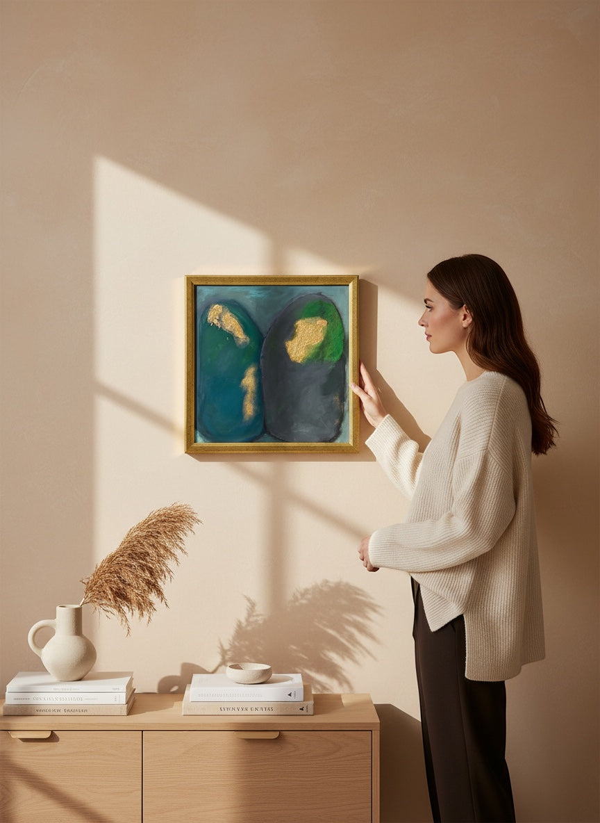 Chic Collective Quiet Communion abstract painting with charcoal, green, teal, and gold accents, framed in antique gold.