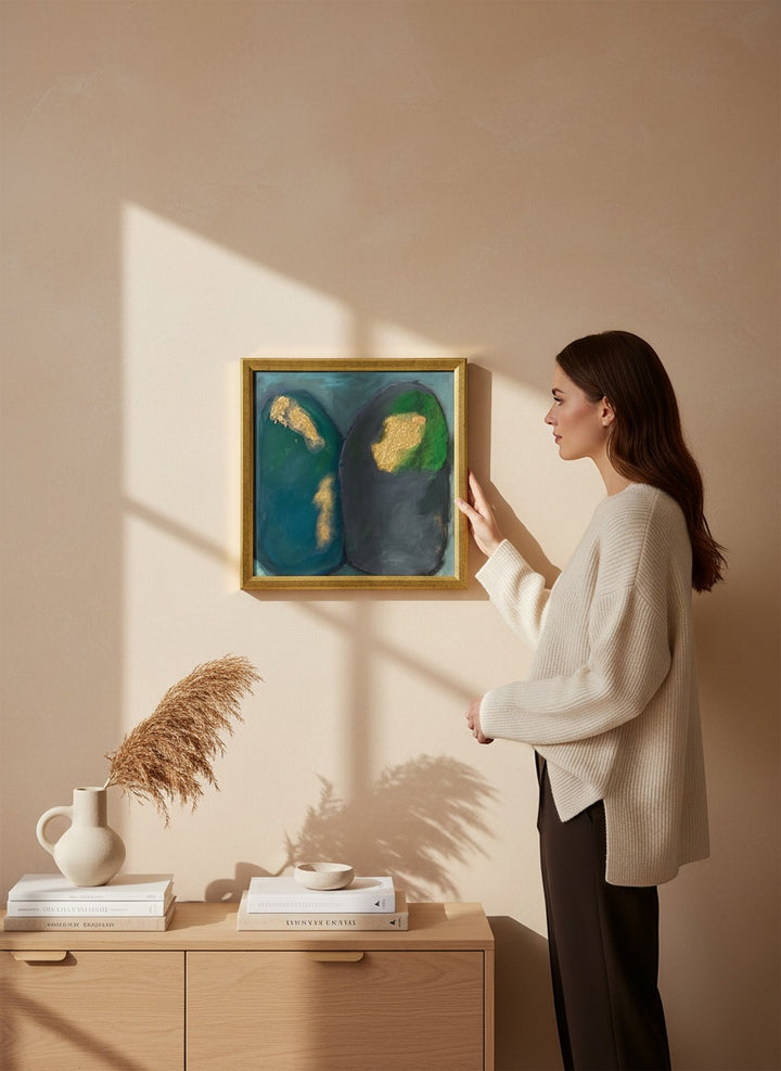Chic Collective Quiet Communion abstract painting with charcoal, green, teal, and gold accents, framed in antique gold.