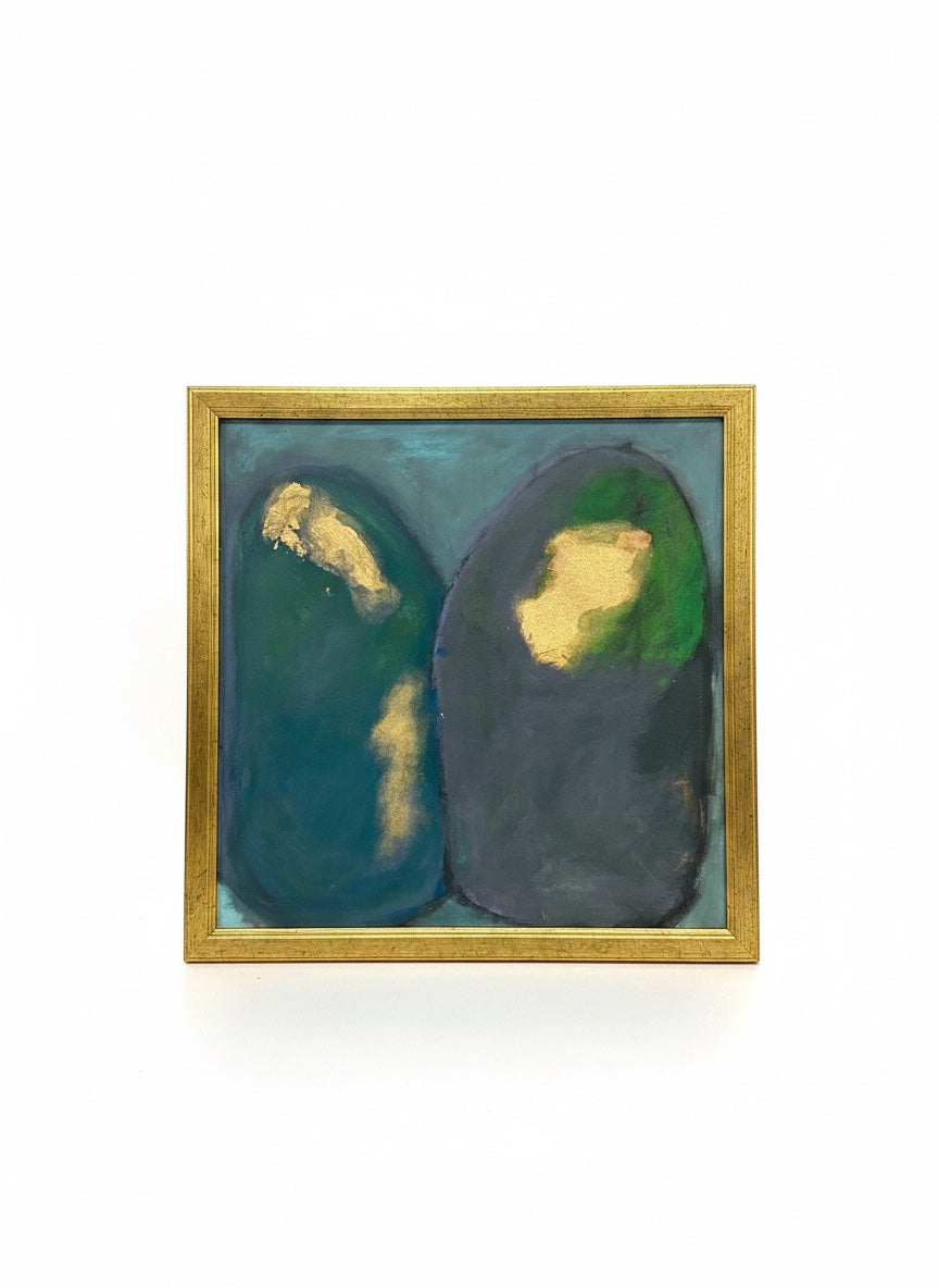 Chic Collective Quiet Communion abstract painting with two dark figures, gold leaf accents, and a gold frame.