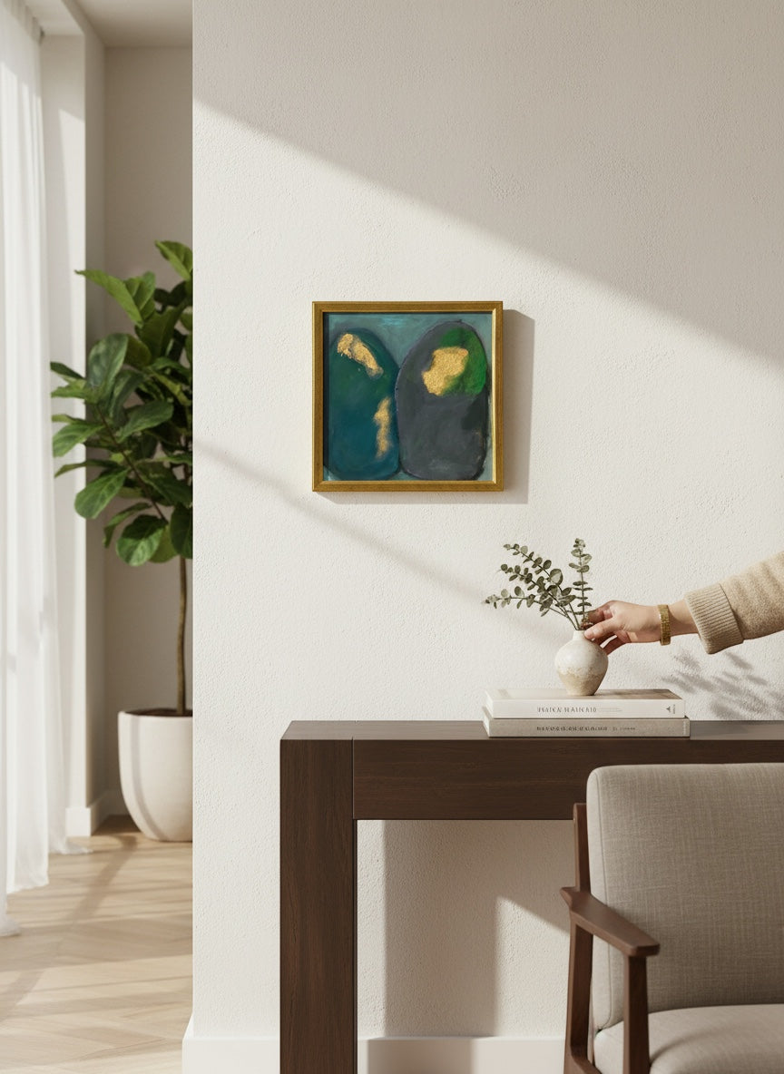 Chic Collective Quiet Communion abstract painting with charcoal, deep green, and teal figures with gold accents, framed in antique gold.