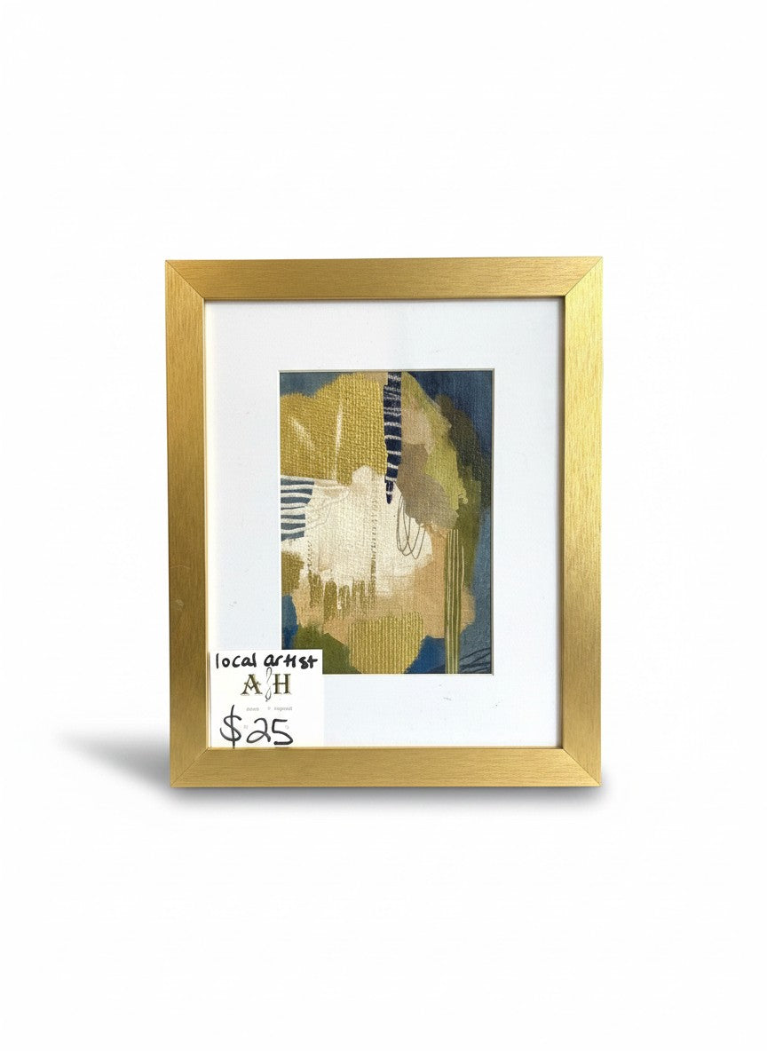Chic Collective Quiet Composition abstract art with olive, sand, cream, and navy tones in a gold frame.