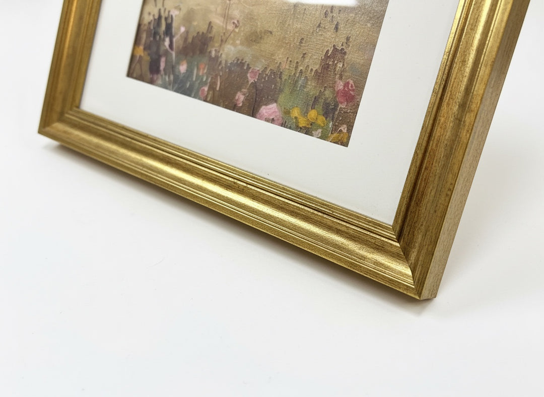 Chic Collective Quiet Meadow framed art print with olive greens, taupes, and blush florals. Antique gold frame.